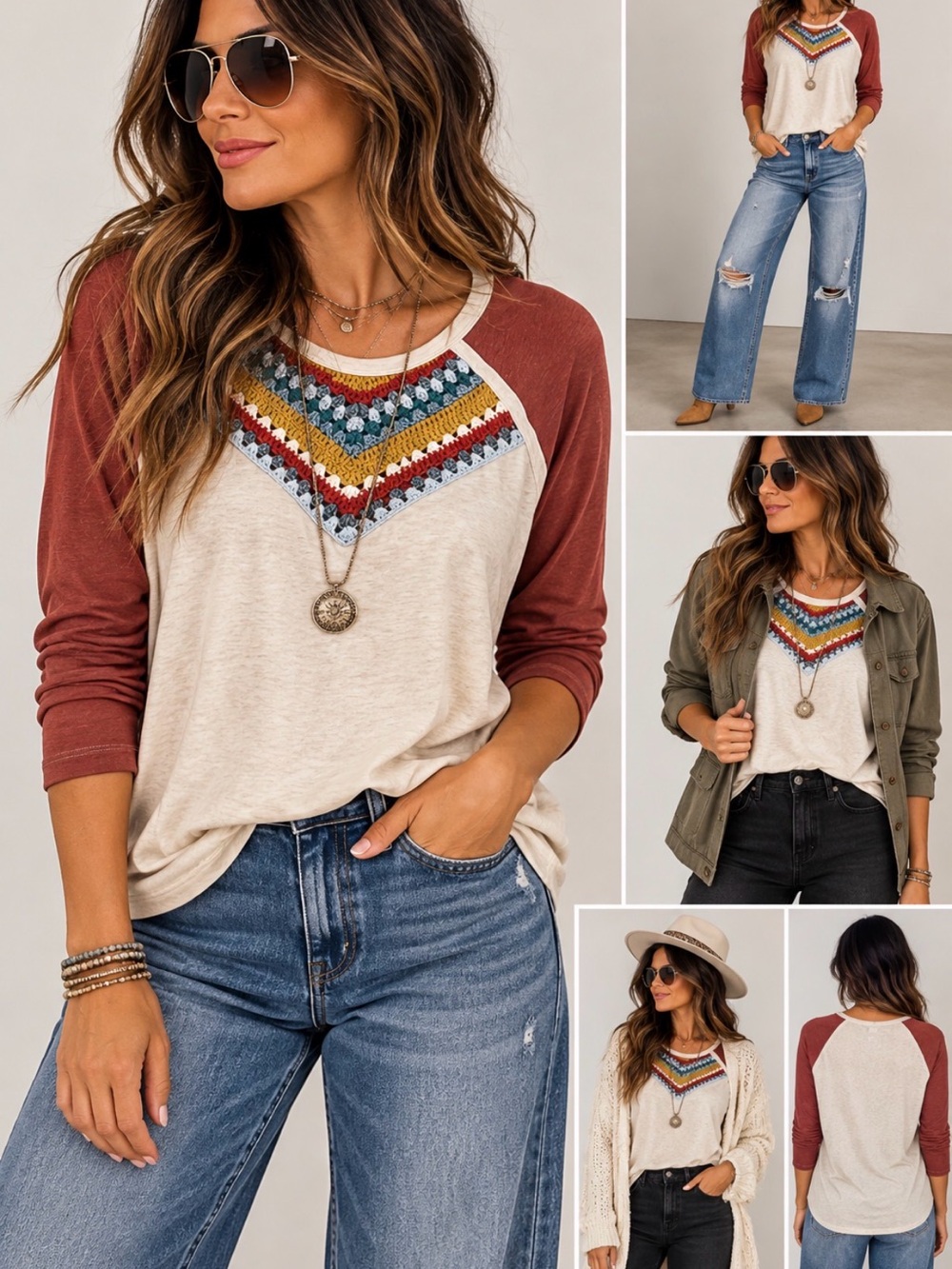New with tags easel Boho Crochet Chevron Raglan Top - Rust Sleeve